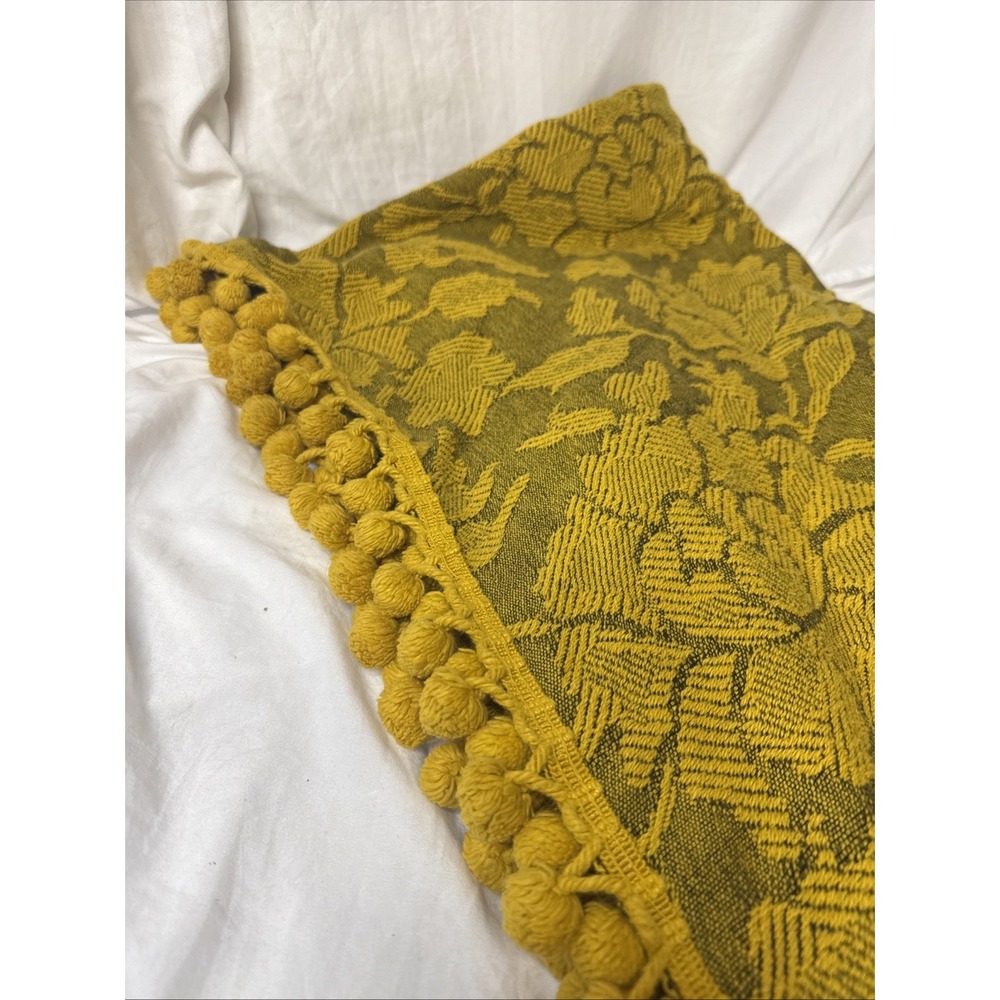 Vintage 70's Jacquard Bedspread Gold Pom Pom Trim Queen MCM Chartreuse 90x 112"